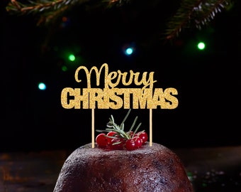 Merry Christmas Cake Topper - Christmas Pudding Topper / Table Centrepiece made from glitter cardstock