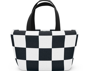 Black and White Checkered Ladies Lunch Bag - Elegant and Minimalist Neoprene Insulated Purse Lunch Box