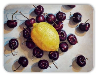 Glass Cutting Board.  Lemon and Cherries