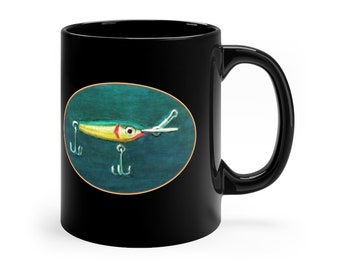 11oz Black Mug. Green Yellow Fishing Lure.