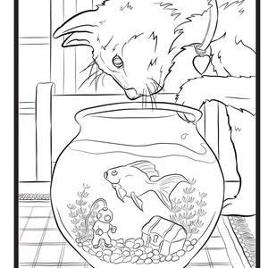 Cat and Goldfish, Single Coloring Page