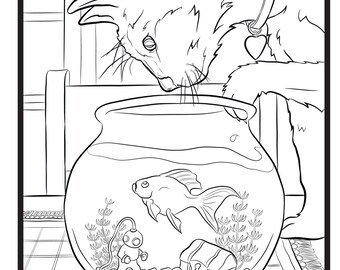 Cat and Goldfish, Single Coloring Page