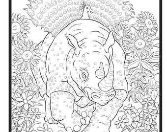 Rhino and Peacock, Single Coloring Page