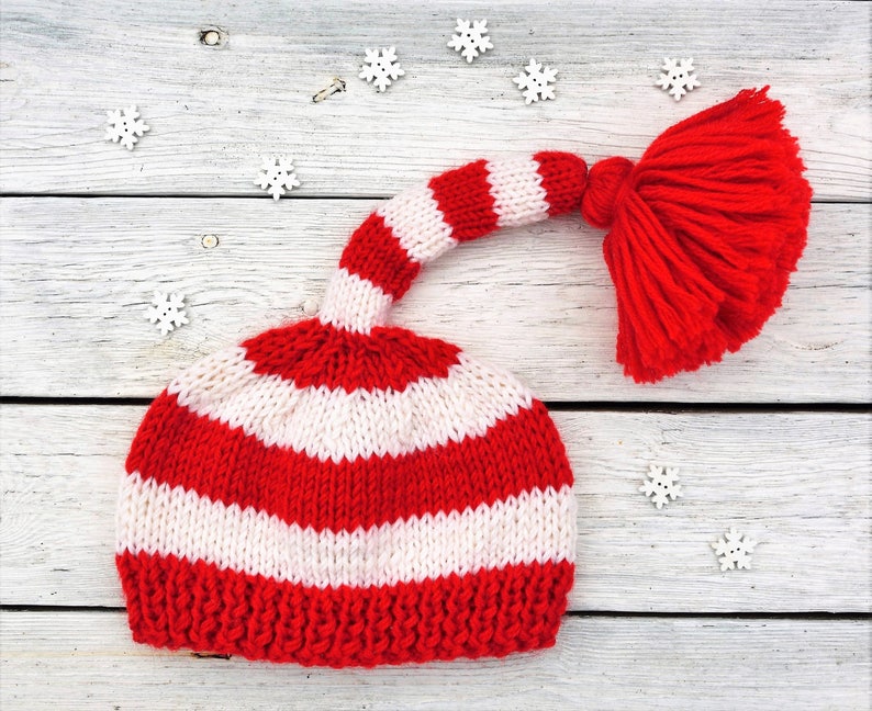 Baby Elf Hat, Newborn Elf Hat, Baby First Christmas, Baby Christmas Outfit, Long Tail Striped Hat, Christmas gift image 6