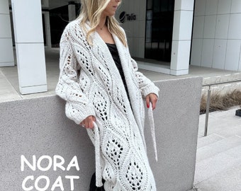 Long Coat Knitting Pattern, Knit Coat, Knitting Pattern with Lace-Case Leaves, Knit Cardigan, Chunky Knitting Pattern