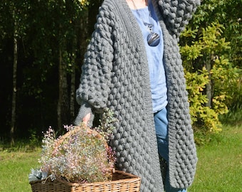 Coat CURRANT BERRY, Long Knit Coat, Bubbles