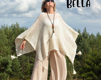 Plus Size - Over Size Poncho, Cotton Poncho, Knitting Pattern Download PDF,  Poncho with Tassels