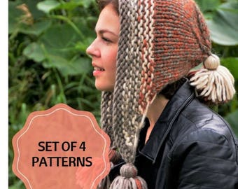 Set of 4 knitting patterns Hat Knitting Pattern, PDF Knitting Pattern, Chunky Hat, Winter Hat, Hat for Women, Hat for Girl