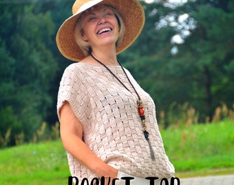 Basket Knit Cotton Top Knitting Pattern, Oversize Tee (PDF Pattern)