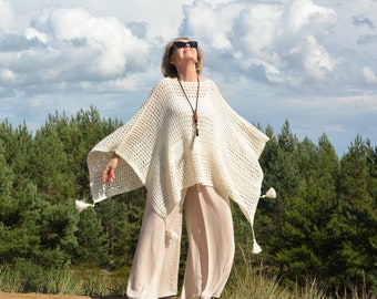 Cotton Knit Poncho with Tassels, Plus Size Poncho