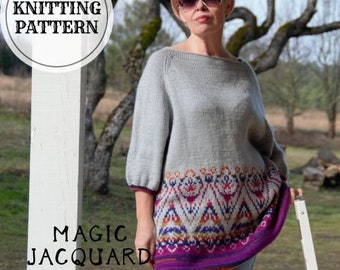 May include: Knitting pattern for a grey sweater with a colourful geometric jacquard design at the bottom. The pattern is called "Magic Jacquard Sweater".