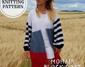 Knitting Pattern, Color Block Coat, Oversized Cardigan, Mohair Knitting Pattern, Chunky Cardigan