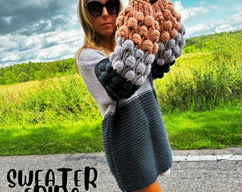 Bubble Sleeve Sweater Knitting Pattern, Bulky Knit, Oversized Knitted Sweater, PDF Knitting Pattern,  Chunky Bomber