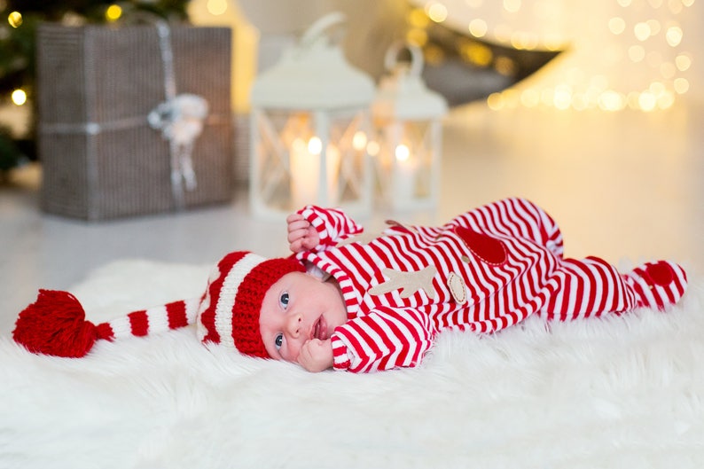 Baby Elf Hat, Newborn Elf Hat, Baby First Christmas, Baby Christmas Outfit, Long Tail Striped Hat, Christmas gift image 4