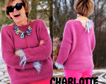 Pull à nouer dans le dos, pull rose, modèle de tricot pour débutant, tricot angora, cardigan en tricot, pull rose en tricot, modèle de tricot PDF