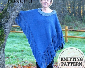 Plus Size - Over Size Poncho, Fringe Poncho, Knitting Pattern Download PDF , Chunky Poncho