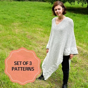 Set of 3 knitting patterns Cardigan, Plus Size - Over Size Poncho, Coat, Knitting Pattern PDF, Cardigan Gray, Chunky