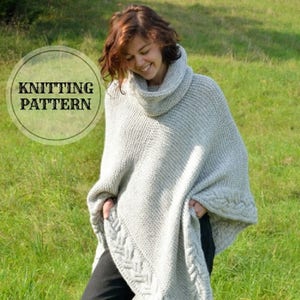 Plus Size - Over Size Poncho, Cowl, Knitting Pattern Download PDF , One Size, Oversized Poncho Gray, Chunky