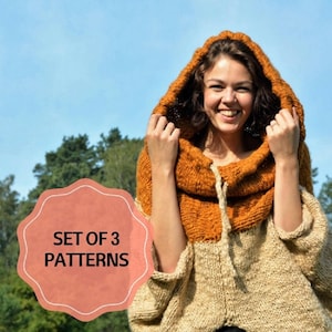 Set of 3 KNITTING PATTERNS Oversized sweater, Long Earflap Hat with Faux Fur Pompom, Two ways to wear Cardigan, Shrug, Bolero