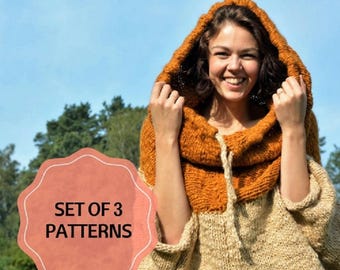 Set of 3 KNITTING PATTERNS Oversized sweater, Long Earflap Hat with Faux Fur Pompom, Two ways to wear Cardigan, Shrug, Bolero