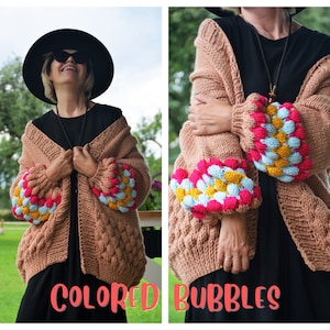 Bubbles Sleeve Cardigan, Cardigan Knitting Pattern, Chunky Knit, Bulky Cardigan, Colored Bubbles Cardigan