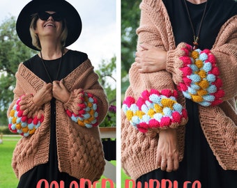 Bubbles Sleeve Cardigan Knitting Pattern, Chunky Bulky Knit (PDF Pattern)