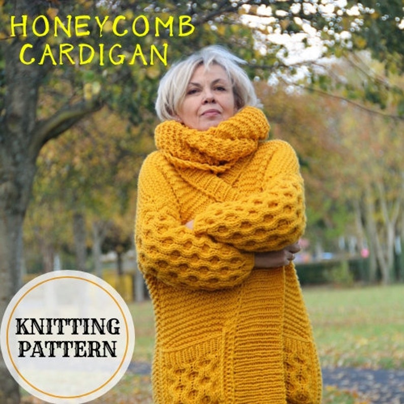 May include: A knitting pattern for a yellow honeycomb cardigan. The pattern includes instructions for a cowl neck and a long, open front.