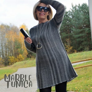 Grey Marble Tunic-Dress, Long Sweater Knitting Pattern, PDF Pattern For Beginners, Easy Knit Pattern, Grey Sweater, Fingerless Sleeves