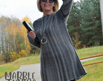 Grey Marble Tunic-Dress, Long Sweater Knitting Pattern, PDF Pattern For Beginners, Easy Knit Pattern, Grey Sweater, Fingerless Sleeves