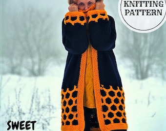 Honeycomb Knit Coat Cardigan Knitting Pattern, Chunky Bulky (PDF Pattern)