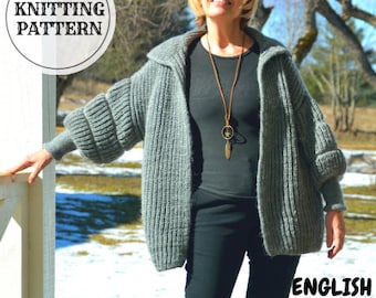 English Gum Cardigan, Chunky Long Cardigan Knitting Pattern, PDF Pattern For Beginners, Easy Knit Pattern, Grey Cardigan