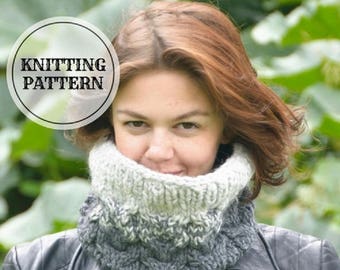 Gradient Cable Neck Cowl, Grey Cowl Knitting Pattern, Chunky Knit, Chunky Neck Cowl