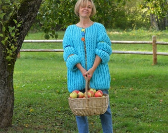 Wool Bulky Knit Cardigan, English Stitch, Chunky Sweater