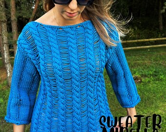 Blue Cable Knit Sweater Pattern, Drop Stitch Pullover (PDF Pattern)