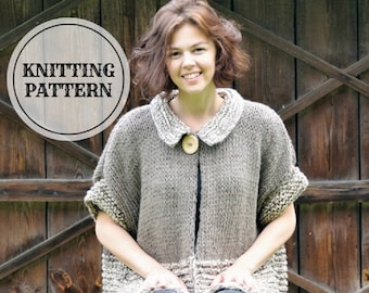 May include: A woman wearing a knitted cardigan with a button closure and a collar. The cardigan is a light brown color with a subtle texture. The woman is sitting in front of a wooden door.