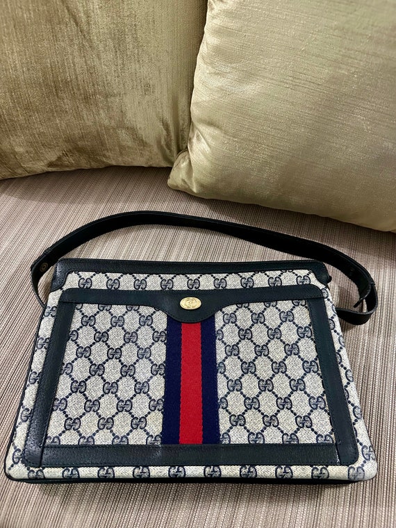 Authentic Vintage Gucci GG 1980s Shoulder Bag Monogram Dark Blue Made in Italy Etsy