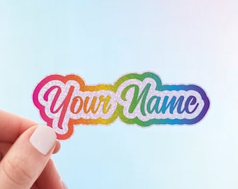 CUSTOM Name Holographic Glitter Sticker | Custom Text 90s Kid, Y2K Girl Rainbow Glitter Weatherproof Vinyl Sticker by Hello Happy Designs