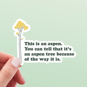 This is an Aspen Sticker | Funny Neature Walk Aspen Tree Quote Weatherproof Vinyl Sticker by Hello Happy Designs
