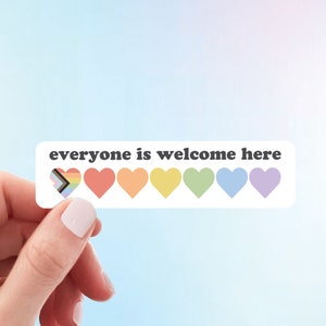Everyone Is Welcome Here Sticker | Rainbow Equality Laptop WaterBottle Classroom Sticker | Weatherproof Vinyl Sticker by Hello Happy Designs
