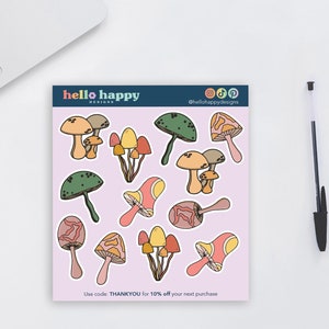 Retro Mushroom Sticker Sheet | Vinyl Sticker Pack For Planners, Journaling, Decor by Hello Happy Designs
