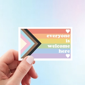 Everyone Is Welcome Here Sticker | Rainbow Equality Laptop WaterBottle Classroom Sticker | Weatherproof Vinyl Sticker by Hello Happy Designs