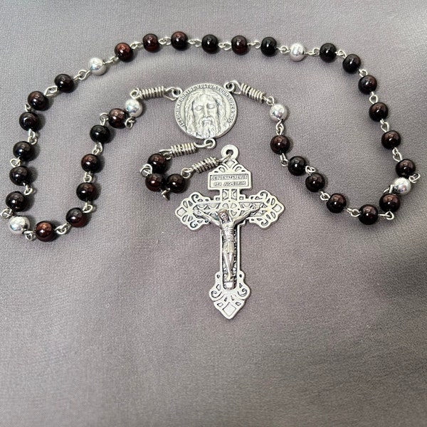 Chaplet: Holy Face, Purple Glass Pearls & Silver Beads