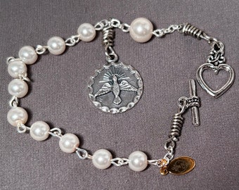 Rosary Bracelet: Confirmation, White Glass Pearls, Holy Spirit charm, Heart-shaped Toggle clasp