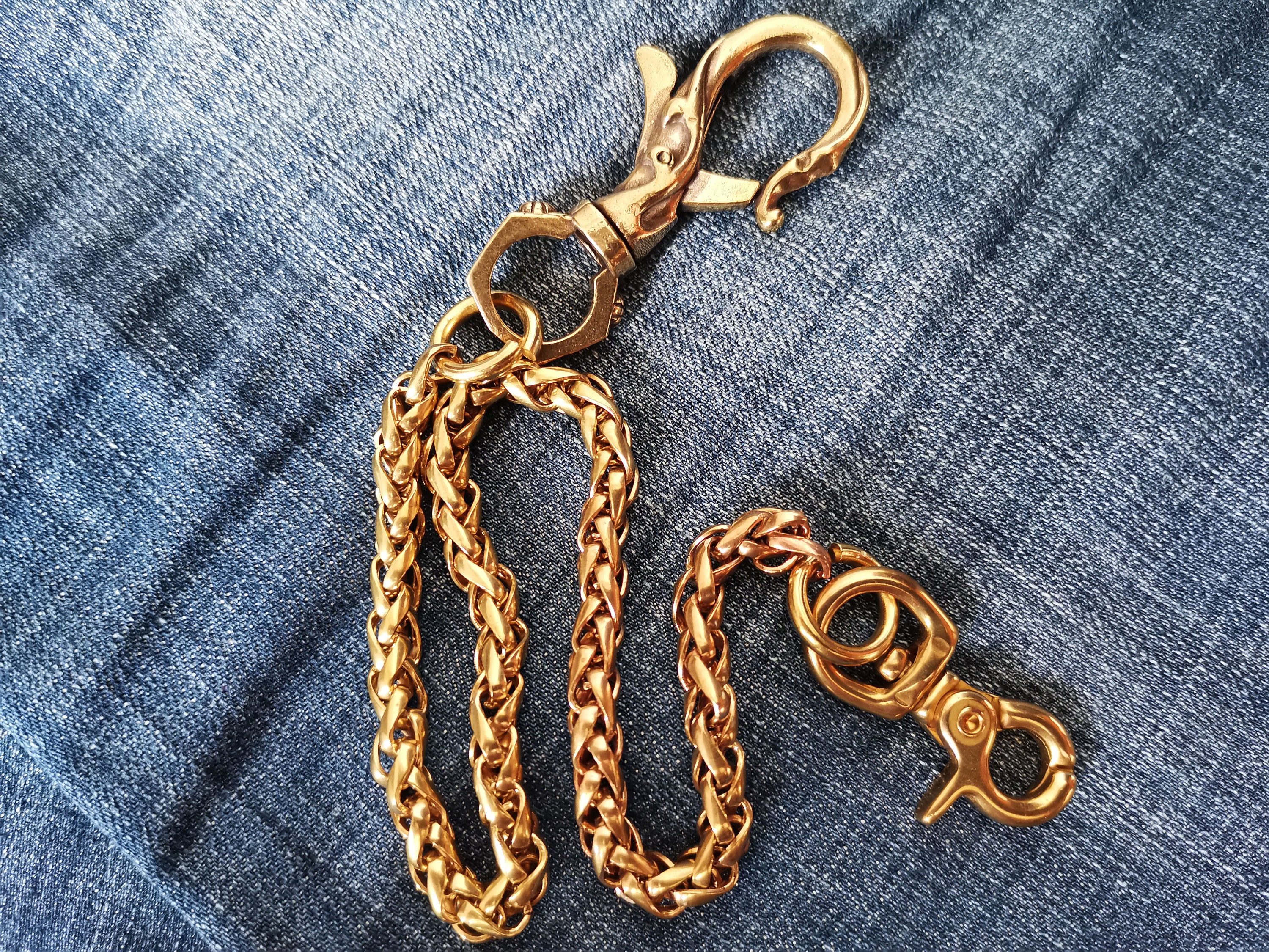 JesminBox Handmade Vintage Solid Brass Wallet Chain with Fish Hook,Single Link Wallet Chain,Belt Hook and Chain,Pants Chain for Men,Vintage Jean Chain