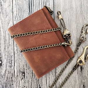 Cartera desgastada con cadena de latón, Cartera de cuero con cadena, Cartera de cuero personalizada, Cartera personalizada, Cartera de cuero para efectivo, Regalo de aniversario, 3SA
