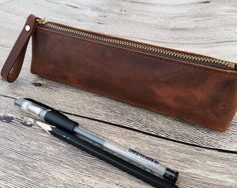 Gepersonaliseerde rechthoekige leren etui, op maat gegraveerd pennenzakje met rits, draagbare kantoortas, uniek kantoorcadeau voor studenten, BA13