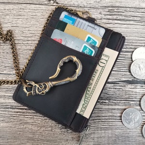 Cartera desgastada con cadena de latón, tarjetero personalizado, billetera fina, billetera de cuero con cadena, billetera de cuero para efectivo, regalo de aniversario, 3AW