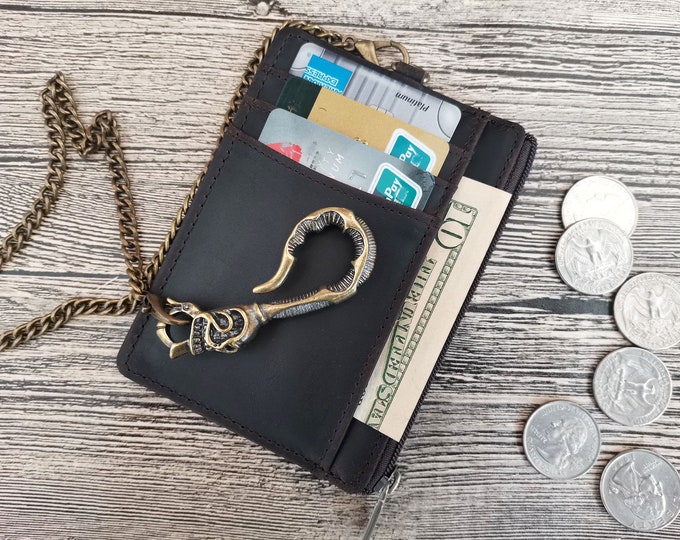 Distressed Wallet With Brass Chain,Personalized card holder,Slim wallet,Leather Chain Wallet,Leather Cash Wallet,Anniversary Gift,4AW