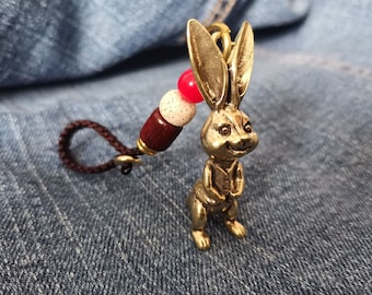Miniature Brass Rabbit Figurine, Cute Animal Bag Charm & Keyring, Vintage Desk Decor, Unique Gift for Rabbit Lovers,AO8