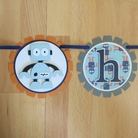Robot Birthday Party Shower Banner Sign Garland Blue Orange Grey Navy Il_570xn